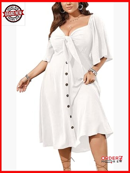 Dresses & Skirts - Plus Size Flowy Midi Dress with Tie Front V Neck and Smocked Back